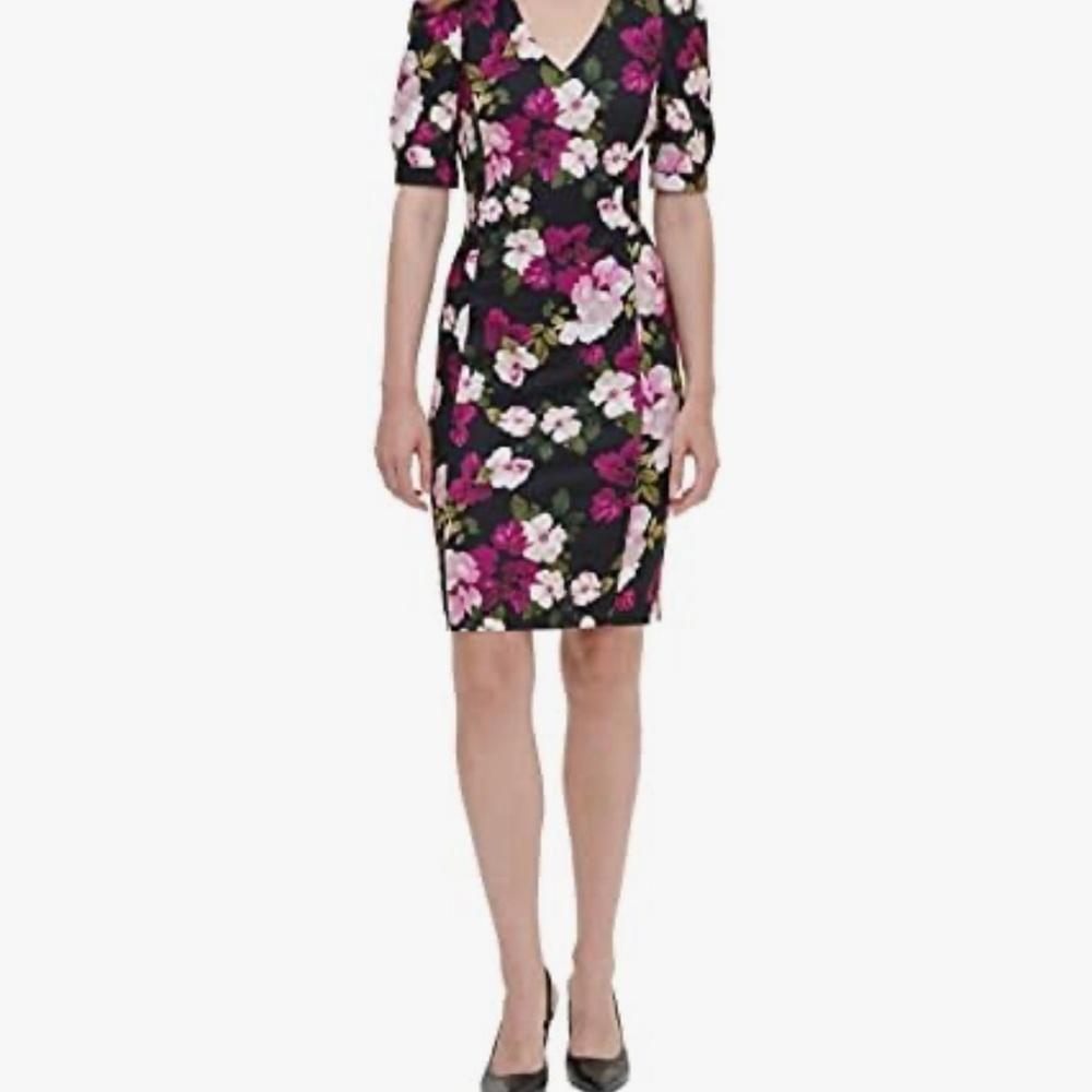 Calvin Klein Pink and Purple Sheath Dress with Puff Sleeves